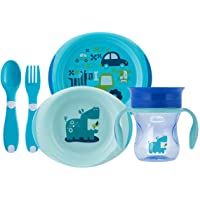 Chicco - Set completo comida- incluye platos + cubiertos + vaso- 12 m+- azul
